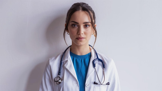 a woman in a white lab coat is standing in a white background