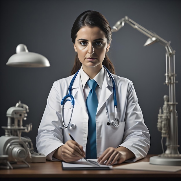 A woman in a white lab coat is writing on a paper.