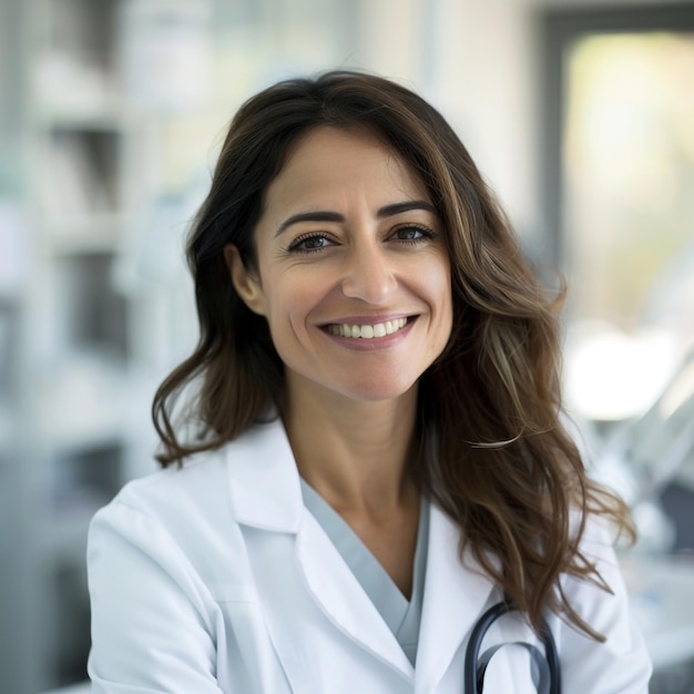 a woman in a white lab coat smiles at the camera