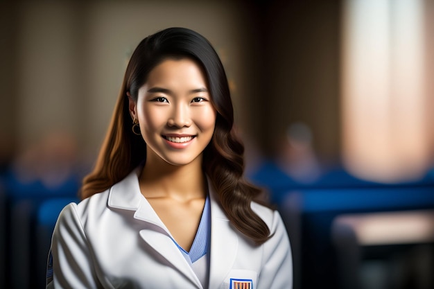 A woman in a white lab coat smiles at the camera.