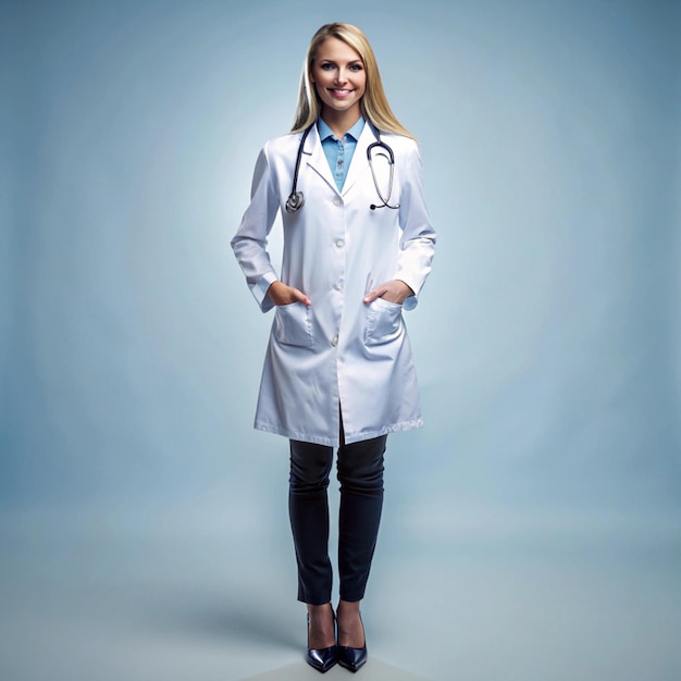 Photo woman in a white lab coat stands in front of a blue background