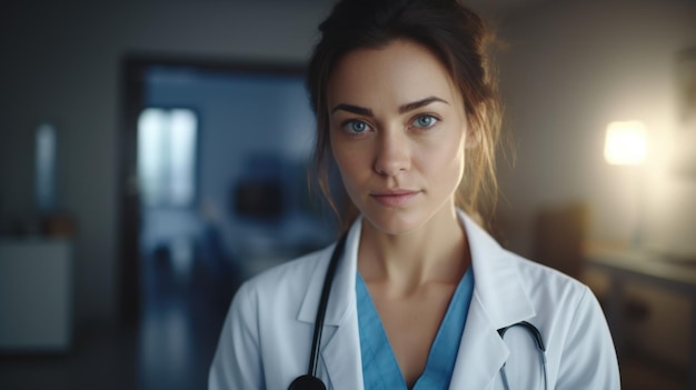 A woman in a white lab coat stands in front of a door