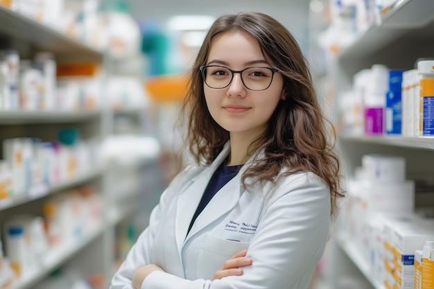 Photo woman in a white lab coat stands in front of a pharmacy with a smile on her face