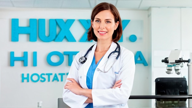 a woman in a white lab coat stands in front of a sign that says  shes a doctor