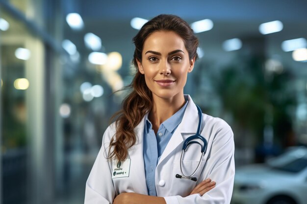 A woman in a white lab coat stands in a hospital corridor.