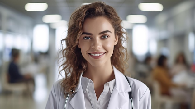 A woman in a white lab coat stands in a hospital hallway.