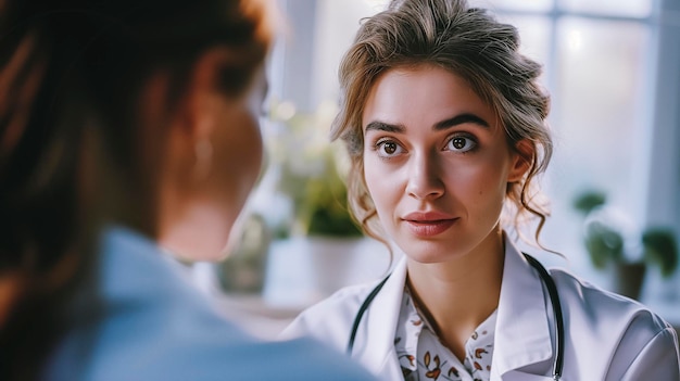 Woman in a white lab coat talking to a woman in a blue shirt