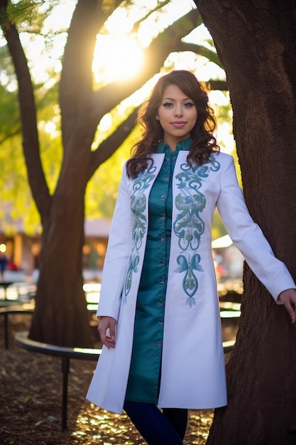 A woman in a white lab coat walks down a path in a park