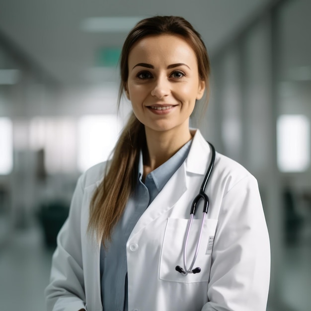 A woman in a white lab coat with a stethoscope around her neck is smiling.