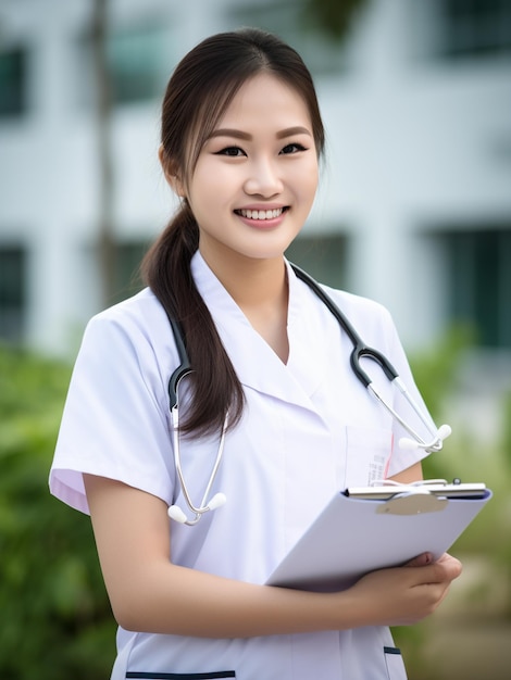 A woman in a white lab coat with a stethoscope around her neck stands in front of a building.