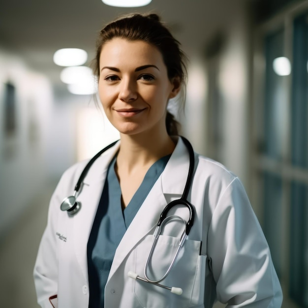 A woman in a white lab coat with a stethoscope around her neck.