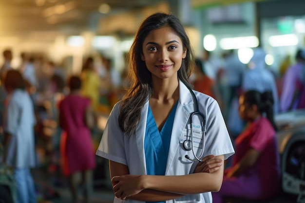 A woman in a white lab coat with a stethoscope on her neck stands in front of a crowded market.