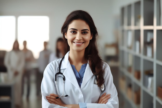 A woman in a white lab coat with a stethoscope on her neck stands in a hospital.