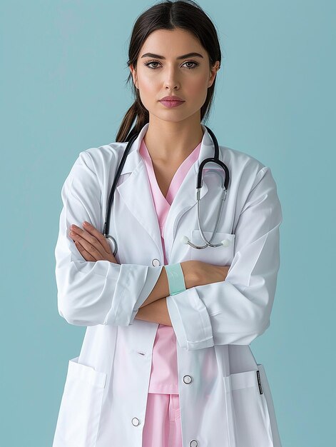 Photo a woman in a white lab coat with a stethoscope on her neck