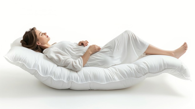 A woman in a white nightgown sleeps comfortably on a large white pregnancy pillow