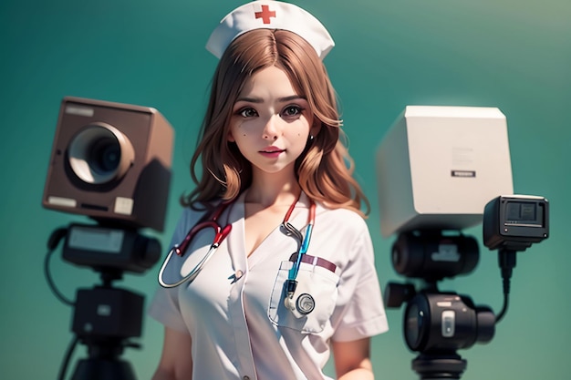 A woman in a white nurse uniform stands in front of two cameras.