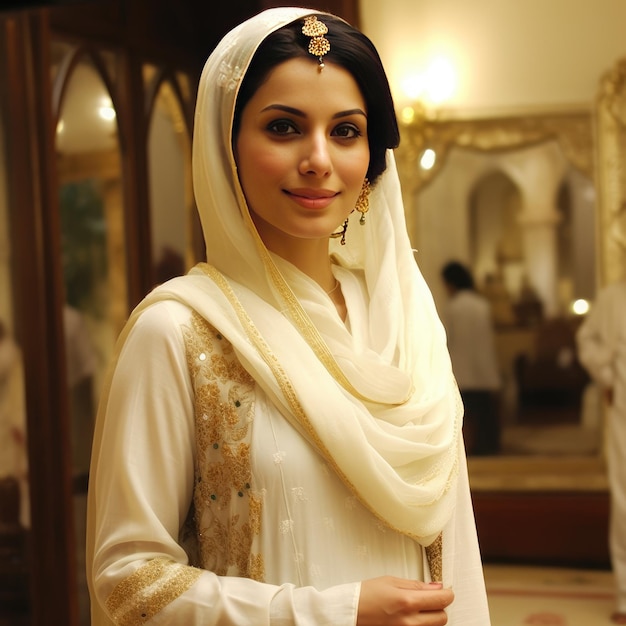 A woman in a white outfit with a gold ring on her head.