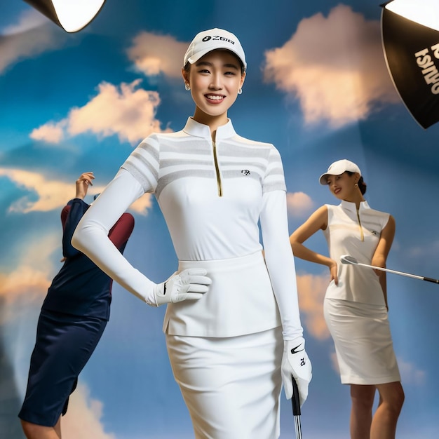 a woman in a white outfit with a hat on her head and a hat that says quot golf quot