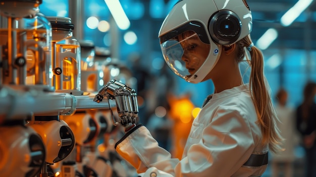 a woman in a white protective suit is working on a robot