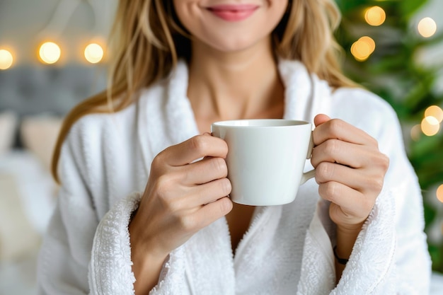 Woman in white robe enjoys coffee in bed on weekend