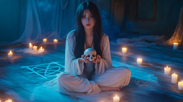 a woman in a white robe holds a skull in front of a bunch of lights