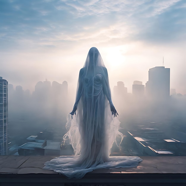 a woman in a white robe stands in front of a city skyline