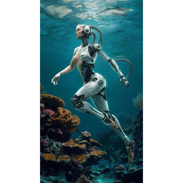 Photo a woman in a white robot is swimming in the ocean