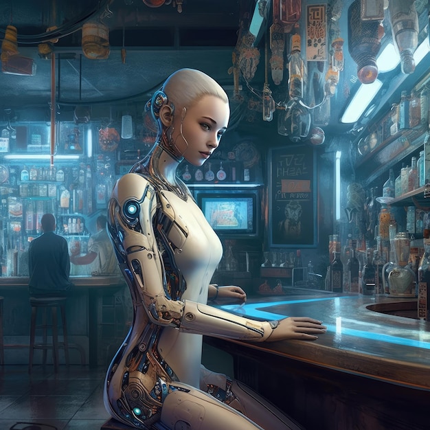 A woman in a white robot suit sits at a bar with a bar in the background.