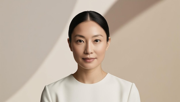 a woman in a white shirt and black hair is posing in front of a wall