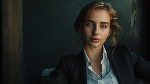 Photo a woman in a white shirt and a black jacket is posing for a photo