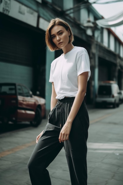 A woman in a white shirt and black pants stands on a street.