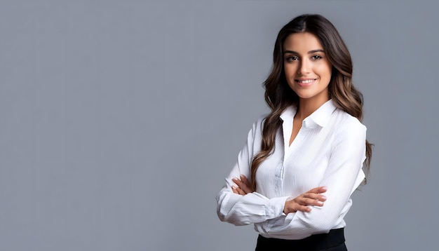 A woman in a white shirt and black skirt is smiling and looking at the camera