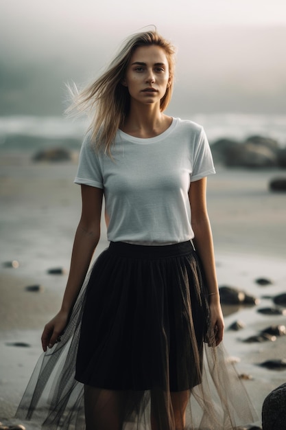 A woman in a white shirt and a black skirt stands on a beach.