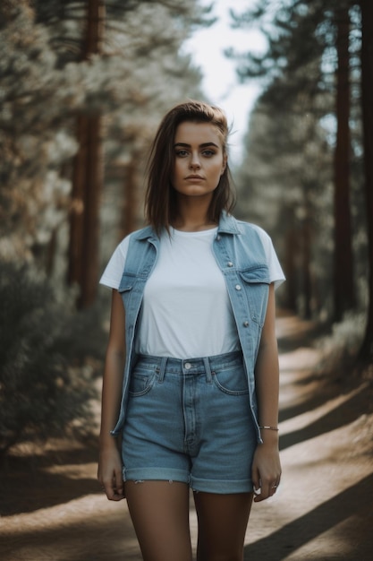 A woman in a white shirt and blue jeans stands in a forest.