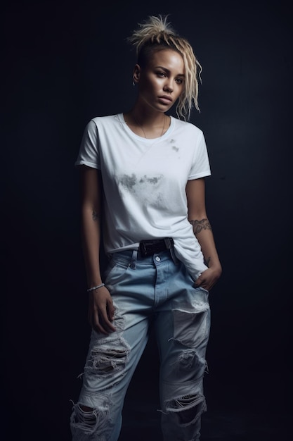 A woman in a white shirt and blue jeans stands in front of a black background.