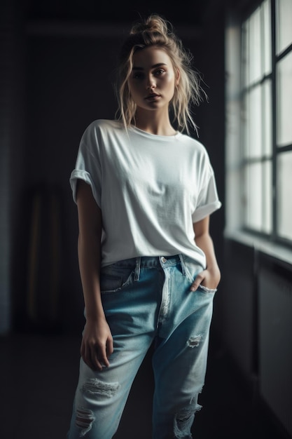 A woman in a white shirt and blue jeans stands in front of a window.