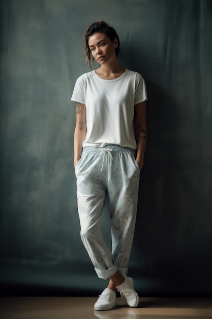 A woman in a white shirt and blue pants stands against a black wall.