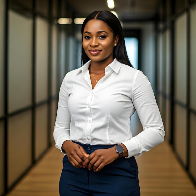 a woman in a white shirt and blue pants stands in a hallway