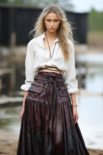 Photo a woman in a white shirt and brown skirt