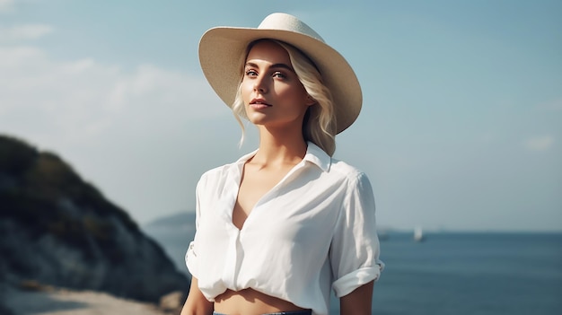 A woman in a white shirt and a hat stands on a rocky beach.