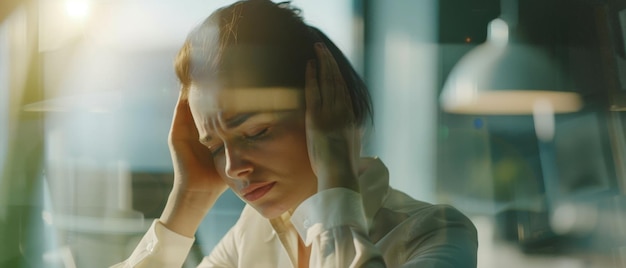 Photo a woman in a white shirt holding her head in stress seated in a modern office with sunlight streaming through windows highlighting a moment of tension