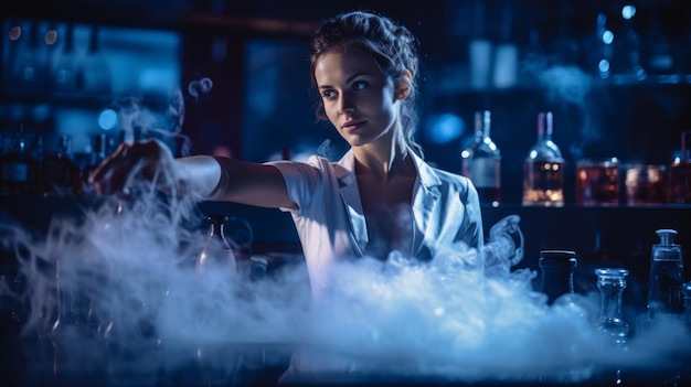 a woman in a white shirt is cooking in front of a bar with a bottle of alcohol