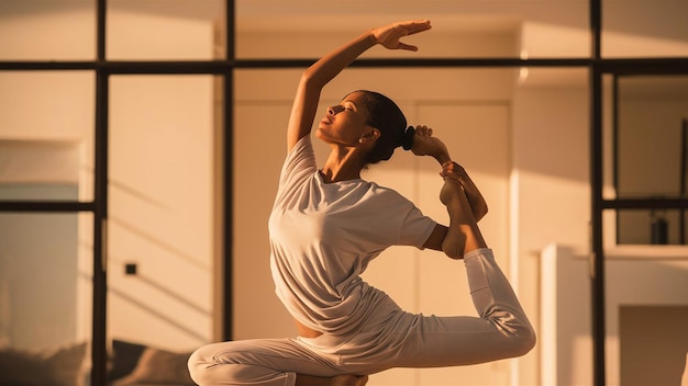 a woman in a white shirt is doing a yoga pose