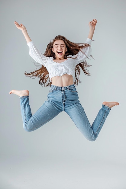 Photo a woman in a white shirt is jumping in the air with her arms in the air