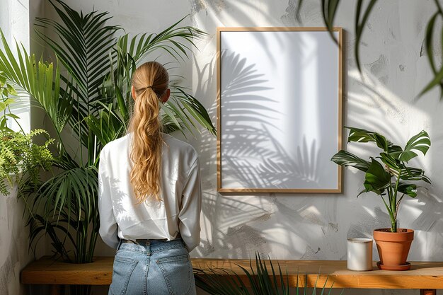 Photo a woman in a white shirt is looking at a picture frame