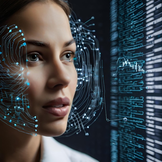 a woman in a white shirt is looking at a screen with a womans face and the word data on it