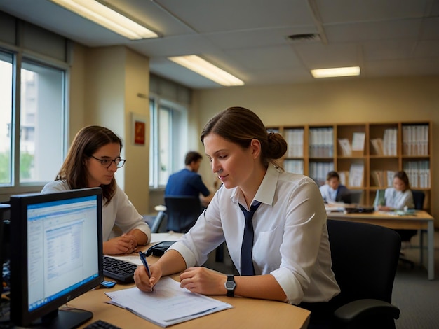 a woman in a white shirt is sitting at a desk with a computer and a monitor that says quot the compa