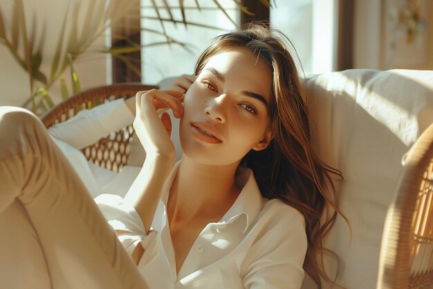 Photo a woman in a white shirt is sitting in a wicker chair