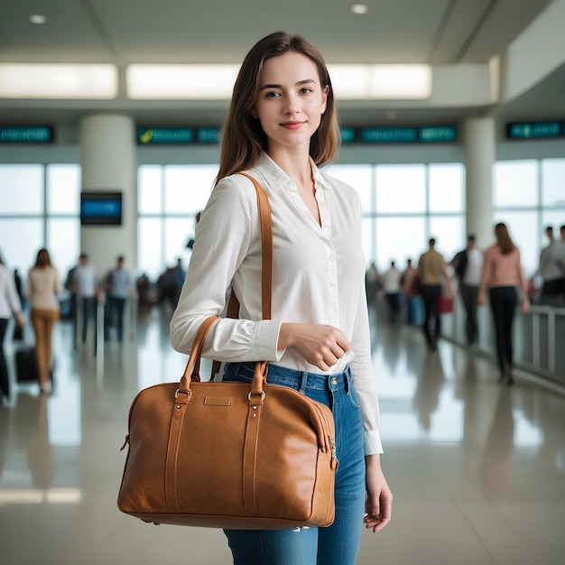 a woman in a white shirt is standing in an airport with a brown bag