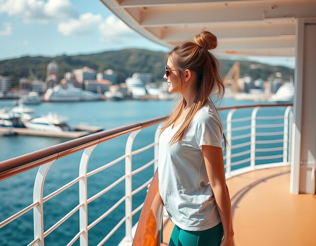 Photo a woman in a white shirt is standing on a deck of a cruise ship